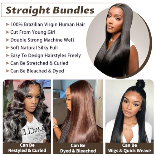 Human Hair Bundles Straight 3 Bundles 24 26 28 Inch 12A Grade 100% Unprocessed Brazilian Virgin Human Hair Bundle Double Weft Human Hair Extensions Natural Black Color