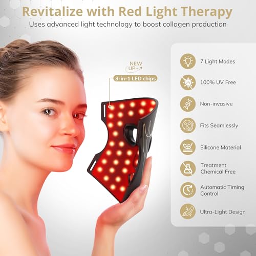 LED Light Therapy Mask, 7 Modes Soft Silicone Red Light Therapy Mask for Face and Neck, Red Light Face Mask with 5 Brightness Levels for Anti-Aging, Skincare at Home & Travel - E106A