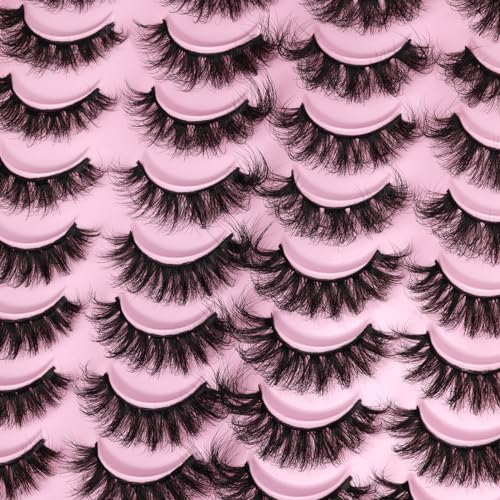 Mink Lashes Fluffy Faux Mink Eyelashes Wispy 20mm Long D-Curl Lashes Russian Cat Eye Strip Lashes Extensions Eyelashes Pack 20 Pairs