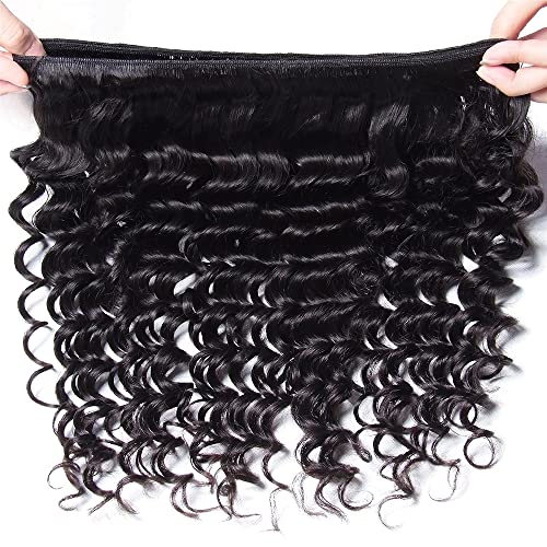 Deep Wave Bundles with Closure Human Hair (20 22 24+18) 10A Wet and Wavy Human Hair 3 Bundles with 4x4 Free Part Lace Closure 100% Unprocessed Human Hair Pre Plucke with Baby Hair Natural Color