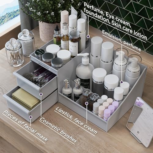 Grey&2 Drawers Makeup Organizer Countertop, Vanity Organizer with 7 Compartments and 2 Drawers for Cosmetics, Skincare, Brushes, Perfume, Bathroom Counter Organizer
