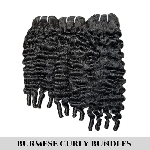 Burmese Curly Bundles Human Hair 18 20 22 Inch 12A Grade 100% Unprocessed Brazilian Virgin Hair Weave with Spriral End 3c4a Quick Weave Real Human Hair Extensions For Black Women Natural Black