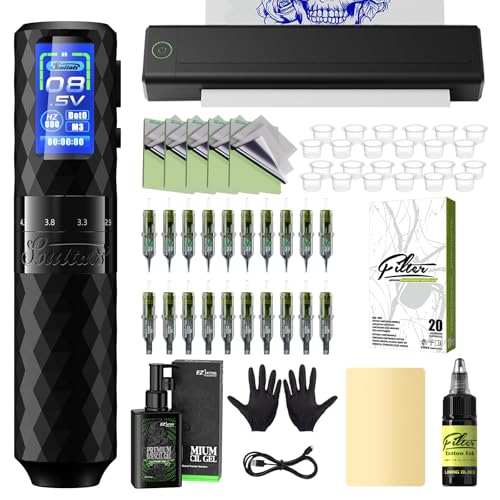 Tattoo Printer Kit - Tattoo Stencil Printer Machine with 6 Strokes 2.5-4.8mm Tattoo Gun, 1600mAh Power Supply, 20Pcs Tattoo Cartridge Needles for Beginners and Artists
