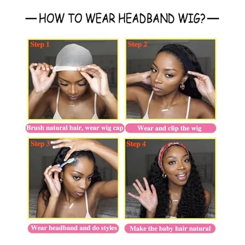 VITALITY Headband Wig Human Hair 24 Inch Italian Wavy Headband Wig 180% None Lace Front Wig With Drawstring Wigs Curly Machine Made Wigs Glueless Wigs for Black Women Natural Black