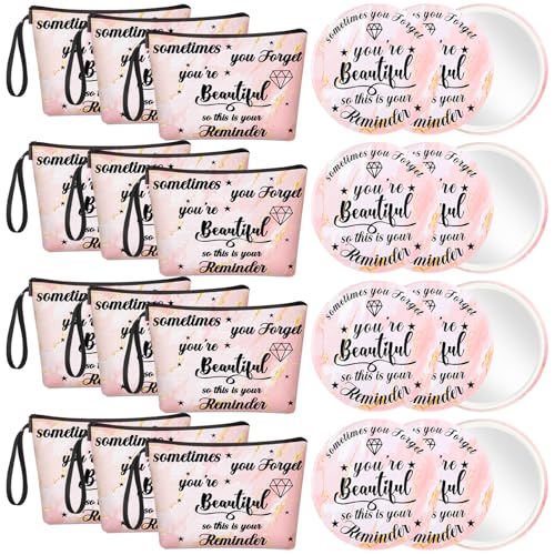 Xuniea 24 Pcs Inspirational Gifts for Women Bulk 12 Motivation Canvas Makeup Bags 12 Round Portable Pocket Mirror for Team Employee Coworker Housekeeping Appreciation Thank You Gifts(Beautiful)