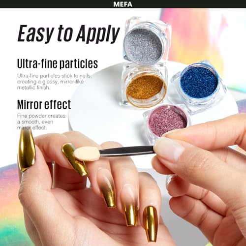MEFA Chrome Powder for Nails 4 pcs, Mirror Effect Nail Powder Holographic Aurora Iridescent Pearlescent Manicure Nail Art Decoration Glitter Metallic Gold Pink Blue Grey Chrome Nail Powder Kit