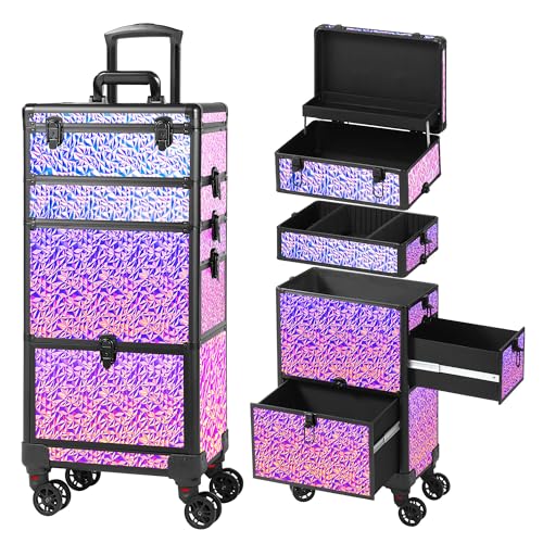 Rolling Makeup Case with Large Drawer, Makeup Train Case with Tray, Cosmetology Case on Wheels, Travel Makeup Case Organizers, Professional for Salon Barber, Nail, Tattoo, Multicolor Purple