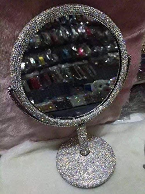TISHAA Bling Makeup Vanity Mirror - Luxury Stand Double Sided Mirror Crystal Rhinestone Portable Desk Bathroom Bedroom (2X Magnification)