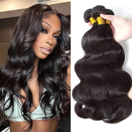 Body Wave Bundles Human Hair Long Brazilian Virgin Body Wave Natural Black Color Can Be Dyed and Styled 3 Weave Bundles Total 300g 20 22 24 Inch