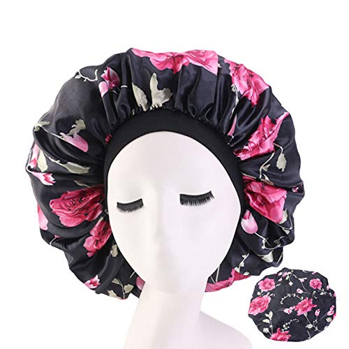 Deepth 3 Pieces Extra Large Printed Sleep Cap Jumbo Cap Large Satin Bonnet with Comfort Elastic Band