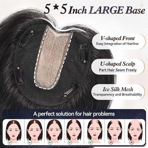 starluck 5x5 inch Lage Silk Base 14 Inch Real Human Hair Toppers for Women,60 Gram High volume, 100% Real Human Hair Toppers for Women with thinning hair hair loss£¨Black, no Bangs