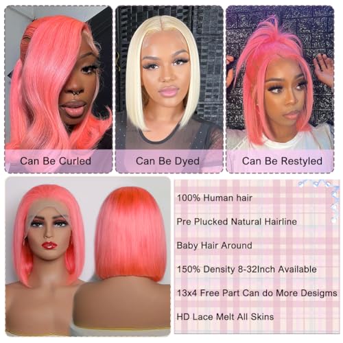 Pink Bob Wig Human Hair 10 Inch 13x4 Cotton Candy Pink Straight HD Lace Frontal Wig Human Hair Pre Plucked with Baby Hair Bubblegum Lace Closure Human Hair Wig 150 Density for Women
