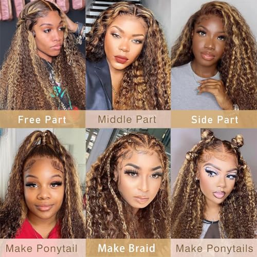 13x6 Highlight Lace Front Wigs Human Hair 30 Inch 4/27 Ombre Deep Wave Lace Front Wigs Human Hair Pre Plucked 180% Density Honey Blonde Curly Wigs