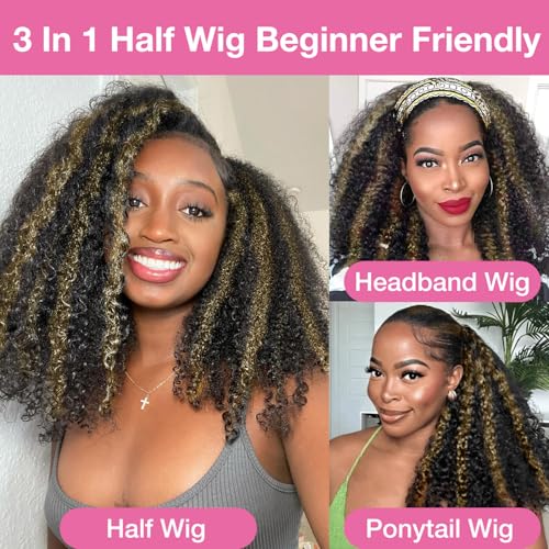 250% Density Kinky Curly Half Wig Human Hair Update 3 In 1 Seamless Flip Over Wigs Human Hair Wear and Go Glueless Wig Beginner Friendly Drawstring Wig for Black Women 20 Inch