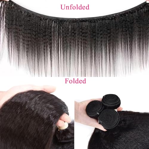 Yaki Straight Bundles with Closure (20 22 24+18) 100% Unprocessed Kinky Straight 3 Bundles with 2x6 Lace Closure Sew in Natural Color for Black Women