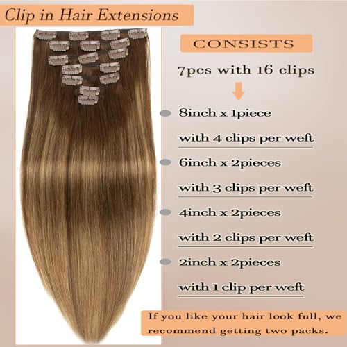 Ombre Brown Blonde Clip in Hair Extensions Real Human Hair 24 Inch 7pcs 120g Clip ins Hair Extensions Brazilian Remy Human Hair 16 Clips Double Weft Human Hair For Women