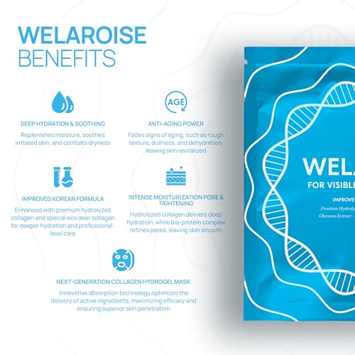 Welaroise Bio Protein Collagen Hydrogel Deep Face Mask - 35% More Collagen, Intense Hydration & Moisturization, Firming, Anti-Aging, Skin Renewal, Korean Skincare (Pack of 16)
