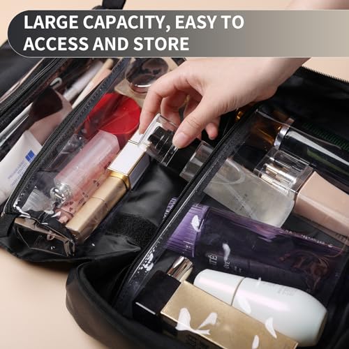 Solenna Black Travel Toiletry Bag for Women Men, Large Waterproof Leather Makeup Cosmetic Bag with 2 Removable Clear Bags, Portable Hanging Make Up Bag Bathroom Shower Toiletries Travel Organizer