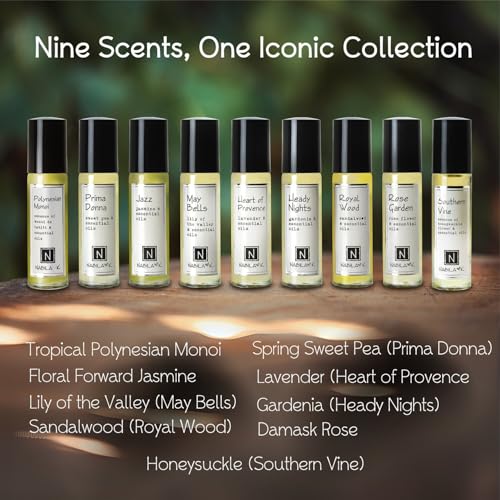 Nabila K Roll-on Perfume (Set of 9) with Essential Oils Alcohol-Free, All-Natural, Organic, Long-Lasting Fragrance - Travel-Size Perfume for Women - TSA Approved, 0.33 oz / 10 ml