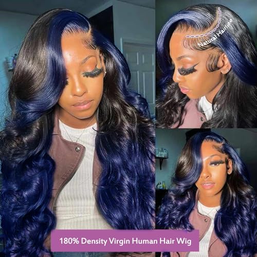YMS Ombre Blue Wigs Human Hair 180% Density Dark Blue Body Wave HD Lace Front Wigs for Women 26 Inch Highlight Blue Skunk Stripe Glueless Wigs Pre Plucked