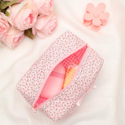 Quilted Makeup Bag, Floral Cosmetic Bag Cute Handmade Aesthetic Pink Toiletry Bag Flower Coquette Accessories Cotton Pouch for Women