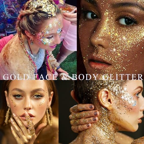 Gold Face Glitter Gel,Music Festival Yellow Body Glitter Singer Concerts Hair Glitter Sequins,Mardi Gras Outfits for Women,Sparkling Carnival Rave Accessories Decorations,50ML