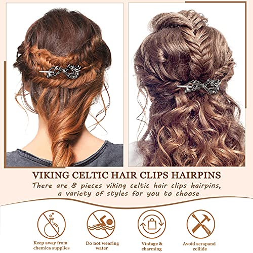 WILLBOND Hair Clips, 8 Pcs Viking Celtic Hairpins Vintage Celtic Knot Hair Sticks, Retro Silver Alloy Hair Barrette Jewelry Accessories for Women Girls