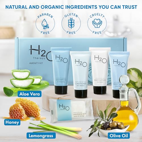 H2O Therapy Amenity & Accessory Kit | 0.85 oz Travel Size Shampoo, Conditioner, Lotion, Body Wash, Massage Bar, Cleansing Bar, Shave & Dental Sets, Make-Up Remover Wipes, & Vanity Kit | 15 sets/case