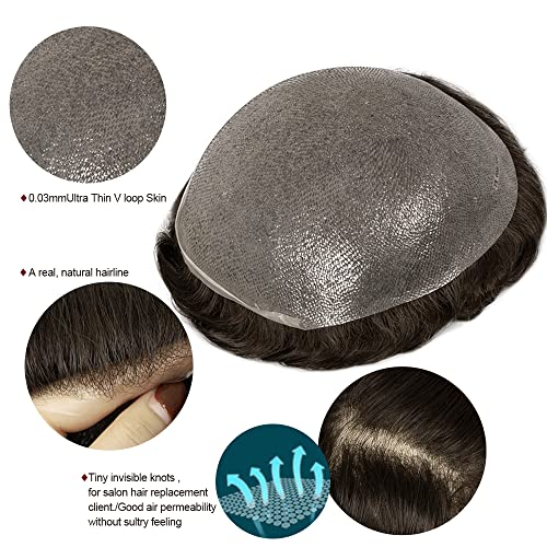 Amiable toupee for men 0.02-0.04mm Ultra Thin Skin All V-looped Mens Hairpieces European Virgin Human Hair System for Men Soft Skin V-looped mens toupee mens hair piece Color#7 Light blonde