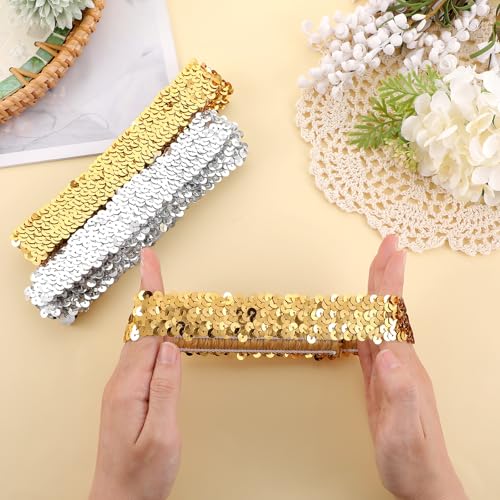 Silver and Gold Sequin Headbands, 12 Pack Sparkle Disco Elastic Glitter Head Bands for Girls Hair, Sparkly Fashion Headbands for Women Girls Dance Party