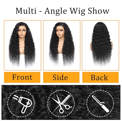 13x4 Deep Wave Lace Front Wigs Human Hair 200% Density Black Curly Human Hair Wig Long Natural Wigs for Black Women Transparent Lace Frontal Wig for Daily Wear 30 Inch