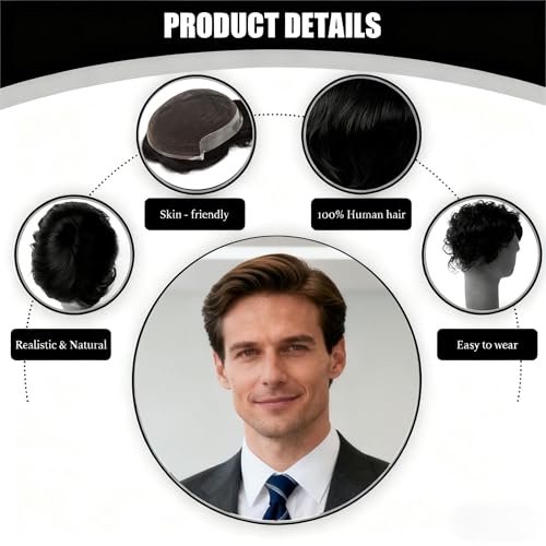 Skinlike Real HD Lace Human Hair Toupee for Men, 8x10 Inch Lace Front with Thin Skin Back and Side Q6B Mens Hair Piece, Mens Wig 1B# Natural Black