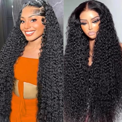 13x6 Deep Wave Lace Front Wigs Human Hair 200 Density 13x6 HD Transparent Deep Curly Lace Frontal Wig Pre Plucked with Baby Hair Wet and Wavy Glueless Wigs Natural Black for Women