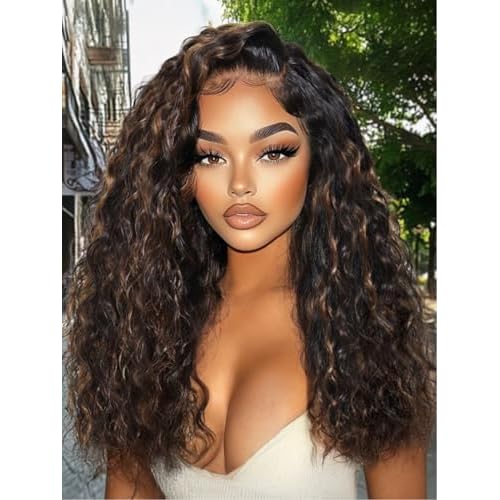 YIROO Golden Brown Highlight 7X5 Bye Bye Knots Water Wave Lace Closure Wig Human Hair Glueless Pre Cut Pre Plucked Invisible Knots Lace Front Wigs Ready to Go Wet and Wavy Wigs 150% Density 22Inch