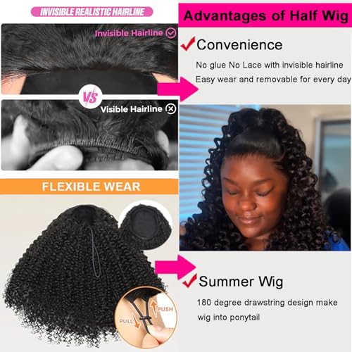 Half Wig Human Hair Deep Wave 3 In 1 Half Wigs for Black Women 200% Density Wear and Go Glueless Wigs Human Hair Drawstring Ponytail Seamless Flip Over No Lace Headband Wig Beginner Friendly 22 Inch