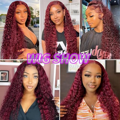 Burgundy Deep Wave Lace Front Wigs Human Hair 13x4 180% Density Red Frontal Wigs Human Hair Hd Lace Front Wigs Human Hair Pre Plucked Burgundy Wig Human Hair Wigs for Black Women (32 Inch)