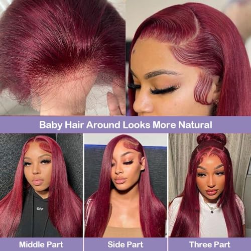 REMY HAIR 13x4 Lace Front Wigs 99J Burgundy Lace Front Wigs Pre Plucked Red Wig with Baby Hair, Straight Red Lace Front Wigs Human Hair for Black Women 150% Density (20 Inch)
