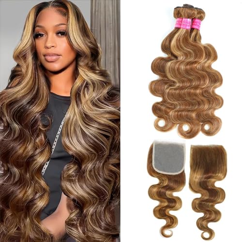 Vallbest Ombre Human Hair Bundles with Closure 20 22 24 +18 Inch Highlight Blonde Bundles Human Hair 4/27 Brown Body Wave with 4x4 Closure 12A Brazilian Virgin Remy Weave Raw Hair Extensions
