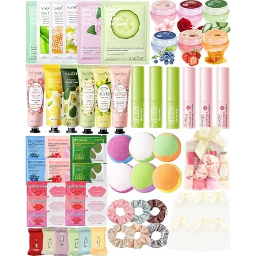 60 PCS Spa Party Supplies for Girl,Spa Party Favors kits Include Face Masks Skincare,Hand Cream, Lip Balm,Under Eye Patches,Lip Mask,Foot Bath Bombs,Women Ideal Gift Bulk Birthday Sleepover Spa Party