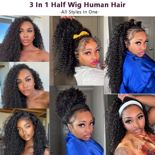 22Inch Water Wave Half Wig Human Hair 220% Density 3 In 1 Seamless Flip Over with Adjustable Drawstring Beginner Friendly Curly Wig Human Hair Wear and Go Glueless Wigs Half Wigs for Black Women