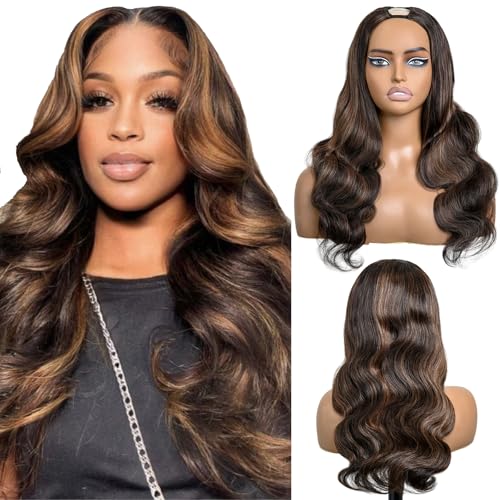 28 Inch Ombre U Part Human Hair 180 Density 1b/30 Highlight Ombre Upart Human Hair Wig Beginner Friendly Body Wave Half Wig for Women