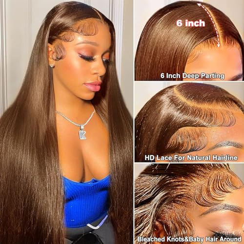 Wonder Girl 28 Inch Chocolate Brown Lace Front Wig Human Hair Pre Plucked, 13x6 Straight Frontal Wigs Human Hair Hd Lace, Glueless Lace Front Wigs Human Hair Colored With Baby Hair