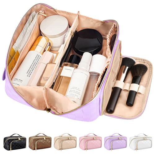 Travel Makeup Bag for Women, Large Capacity PU Leather Waterproof Checkered Cosmetic Bags, Portable Pouch Open Flat Toiletry Bag, Make up Organizer with Divider and Handle, Purple
