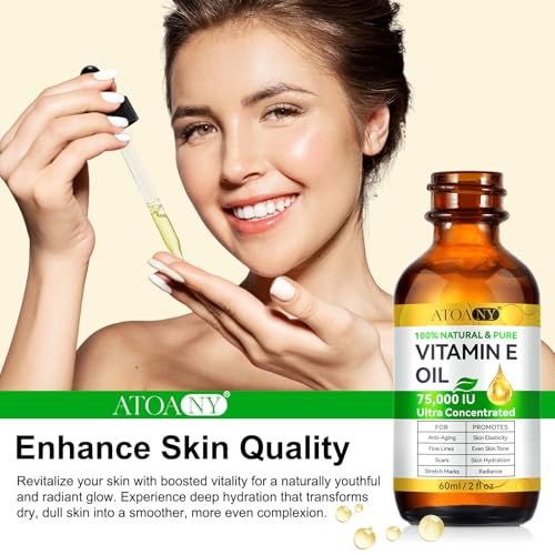Vitamin E Oil for Skin - 75,000 IU | Vitamin E Oil for Scars, Stretch Marks, Wrinkles, 100% Natural d-Alpha Tocopherol for Face & Hair, Moisturizing Anti-Aging (60 ML)