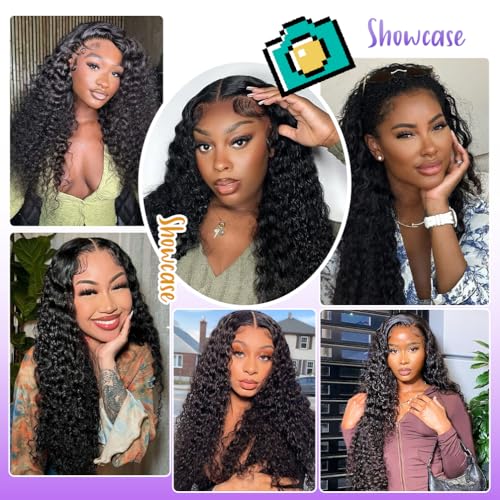 13x4 Deep Curly Glueless Wigs Human Hair Deep Wave Lace Frontal Wet and Wavy Wig 24 Inches 180 Density Water Wave Lace Front Wigs Human Hair Pre Plucked with Baby Hair Natural Black 1B