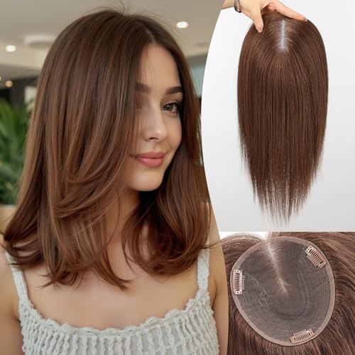 starluck Real Human Hair Toppers 6"x5" SilkHug & Swiss Base (60g) Brown with Thinning Hair Topper no Bangs-14 Inch