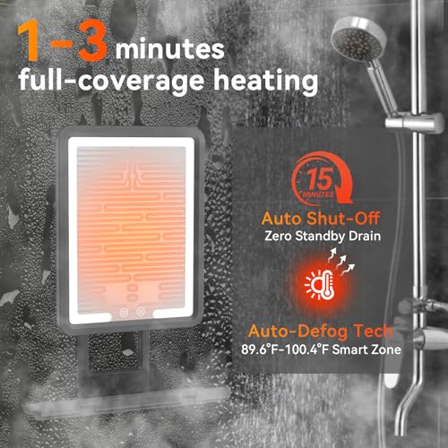 GURUN Heated Shower Mirror Fogless for Shaving, 360¡Æ Adjustable Shaving Mirror with Light, Rechargeable Anti-Fog Shower Mirror with Storage Tray & Razor Holders