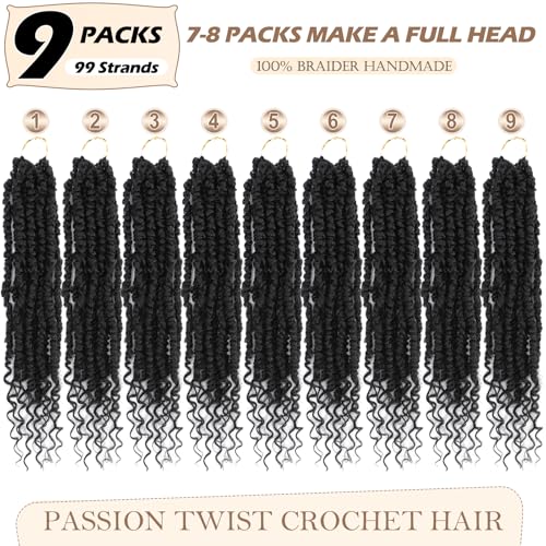 Passion Twist Crochet Hair,14 Inch 9 Packs Pretwisted Passion Twist Hair, Soft Pre Looped And Pre twist Crochet Hair For Women,Black Curly Crochet Braids(14in,1B#)