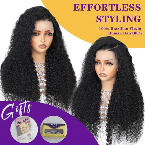 13x6 Deep Wave Lace Front Wigs Human Hair 200 Density Pre Plucked HD Transparent Lace Frontal Wigs Deep Curly Wet and Wavy Glueless Wigs for Women£¨ 24 inch £¬ Natural Black£© (Black, Long)