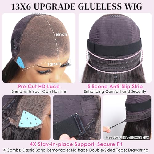 Pizazz 13x6 Straight Glueless Wig Human Hair Pre Plucked Pre Bleached Pre Cut Upgrade Invisible Drawstring Wig with Tapes 220 Density Ready to Go HD Frontal Human Hair Wigs for Women 20 Inch